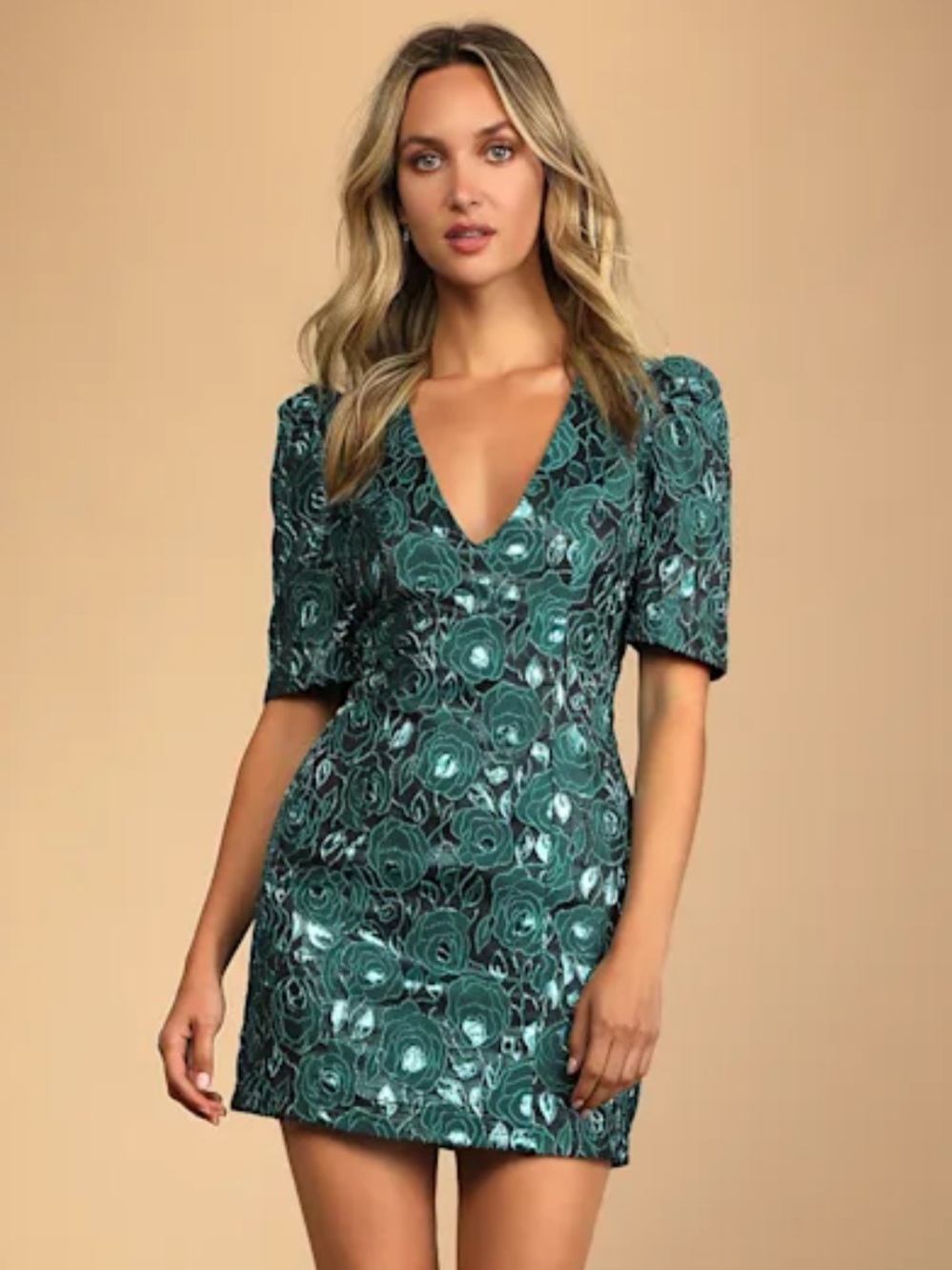 Lulu's extravagant party shiny Teal Floral Jacquard Bodycon Dress